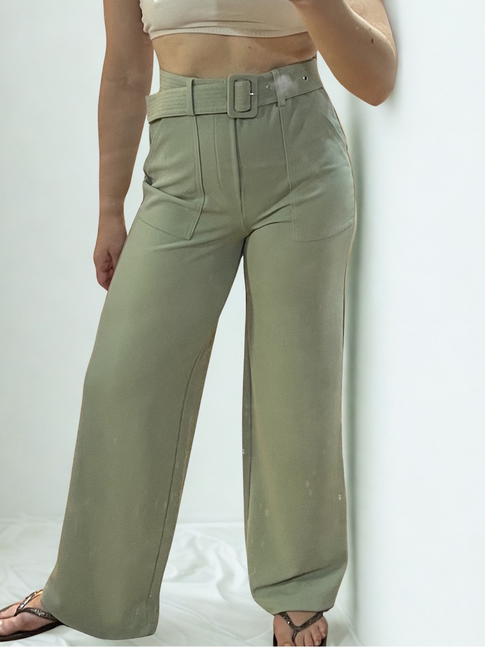 BBJ Los Angeles Sage Green Wide Leg Pants Paperbag Waist Belted Small